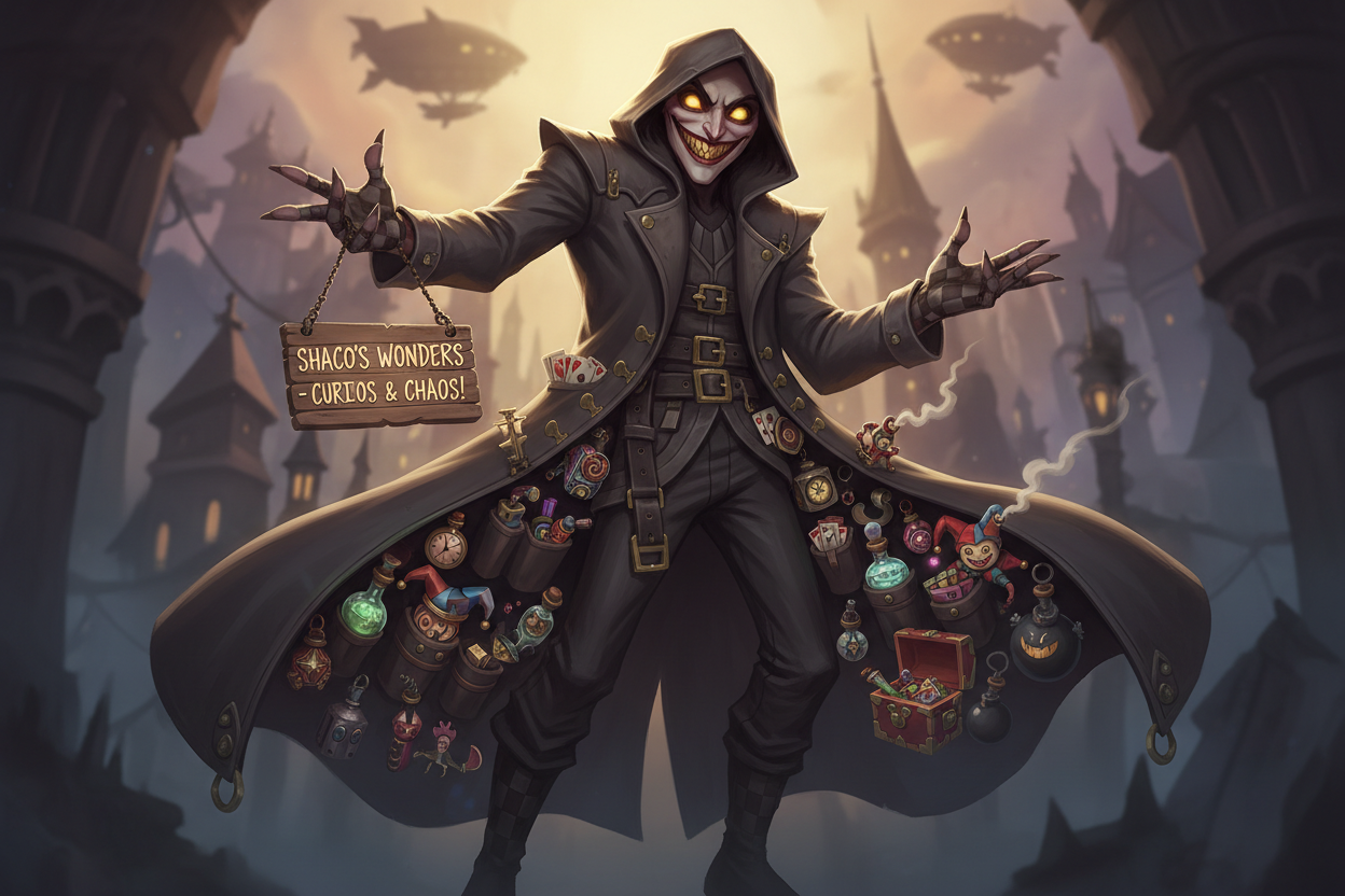 shaco is selling stuff from his open trench coat